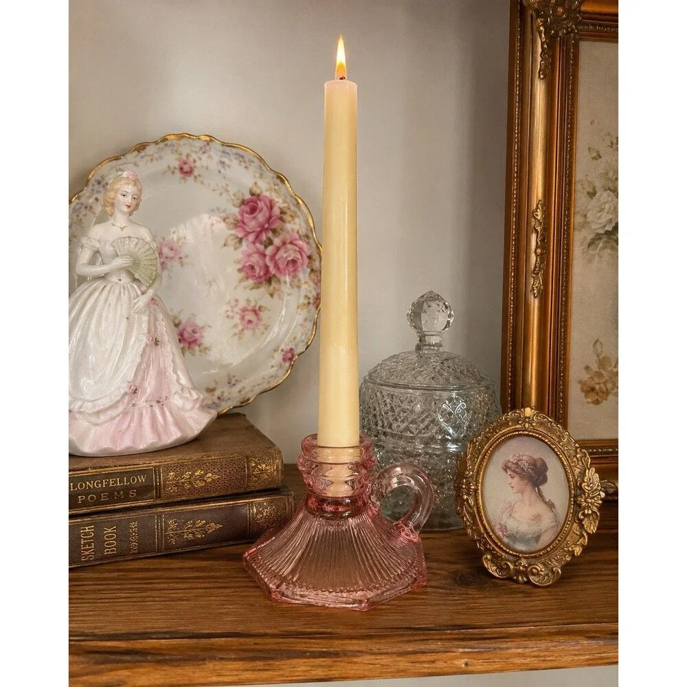 Vintage Pink Glass Candle Holder Chamberstick Ribbed Hexagon Depression